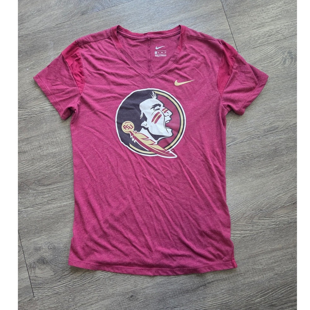Nike FSU T-Shirt Women XS Garnet Heathered V-Neck Seminoles Logo
